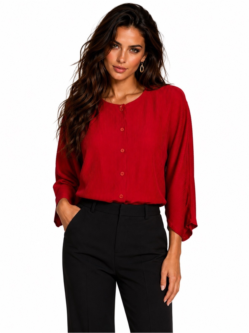 Ann Tjian for Kenar Blouse Size 8 Red Striped 100% Silk Button Front Top